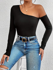 One Shoulder Long Sleeve T-Shirt - Timeless Solid Color, Chic Relaxed Fit, Perfect for Spring & Fall, Womens Casual Wear