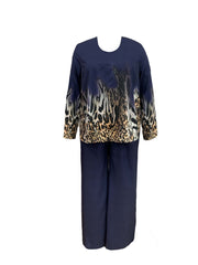 Plus Size Casual Outfits Set, Women's Plus Colorblock Leopard Print Long Sleeve Round Neck Top & Pants Outfits Two Piece Set