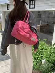 Ingvn Women Nylon Shoulder Bag Korean Fashion Pink Y2k Handbag Large Capacity Casual Multi-pocket Tote Bag Zipper Design Travel Bag