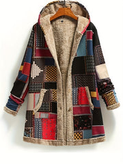 Retro Patchwork Hooded Jacket, Long Sleeve Button Up Casual Lightweight Outerwear For Fall & Winter, Women's Clothing