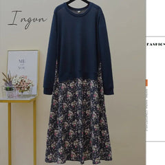 Ingvn - Autumn Women Plus Size XL-5XL Ladies Long Sleeve T-Shirt Dress Patchwork Print Robe Fake Two Piece Dress D08108R