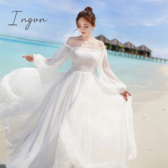 Ingvn - White Dress Elegant Fairy Chiffon Off Shoulder Dress Maxi Long Sleeve Sexy Beach Dresses Women Boho Autumn Clothes Vintage