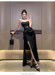 Elegant Black Long Dresses for Women Summer New French Sexy Fashion Sleeveless Split Birthday Evening Party Female Clothing