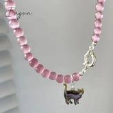 New Pink Crystal Opal Beaded Cat Pendant Necklace for Women Sweet Cool Cute Aesthetics Clavicle Chain Trendy Jewelry Gift