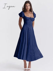 Ingvn - Elegant Puff Sleeve Midi Dress Women Square Collar Backless A-line Loose Dresses Female French Retro Fashion Long Dress