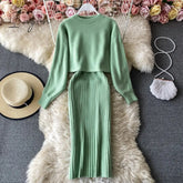 Ingvn - New Fashion Autumn Winter Women's Thicken Warm Knitted Pullover Sweater Two-Piece Suits +High Waist dress Set