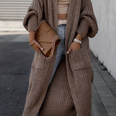 Solid Open Front Pocket Cardigan, Casual Long Sleeve Long Length Sweater For Fall & Winter, Women's Clothing