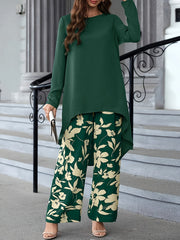 Two Piece Set: Solid Long Sleeve Crew Neck Top & Floral Print Wide Leg Pants for Spring & Fall, Women's Elegant Outfits