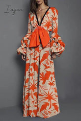 Ingvn - Elegant Floral Frenulum V Neck Loose Jumpsuits