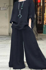 Ingvn - Casual Simplicity Solid Pocket O Neck Long Sleeve Two Pieces