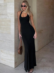 Halter Backless Sexy Maxi Dress Women Gown Summer New Solid U Neck Sleeveless High Waist Long Dress Elegant