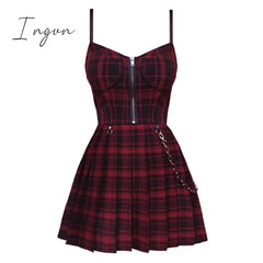 Ingvn - Gothic Girls Plaid Pleated Punk Dress Preppy Style Red Black Spaghetti Strap Sexy Sleeveless Mini Short Dresses Goth Streetwear