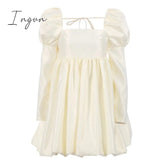 Ingvn - New Fashion Puff Sleeves Woman Party Dress Evening Chic Square Collar Ball Gown Dress Short Beige Satin Dresses Pleated Ladies