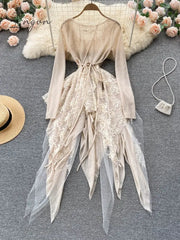 Ingvn - 2023 New Autumn Summer O-neck Lace Up Waist Closing Irregular Vestidos Women Temperament Elegan Party Dress Tide