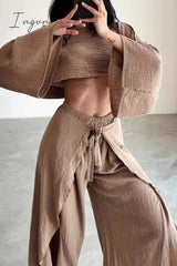 Ingvn - Casual Solid Frenulum Flounce Slit O Neck Long Sleeve Two Pieces