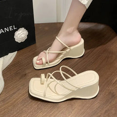 Ingvn - 2024 new fashion slope heel sandals female summer sandals wearing half slippers fairy strapping sandals female