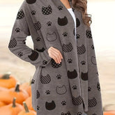 Vibrant Halloween Cat Print Long Sleeve Open Front Cardigan - Soft Mid-Elastic Polyester Knit Fabric, V-Neck, Casual Style, Perfect for Spring, Summer, and Fall - Womens Fashion Outerwear