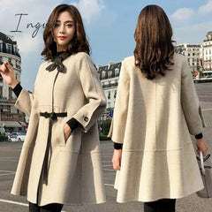 Ingvn - Office Lady Woolen Jacket Women's Middle Long Korean Autumn Winter New Loose Cape Small Thousand Bird Lattice Woolen Coats