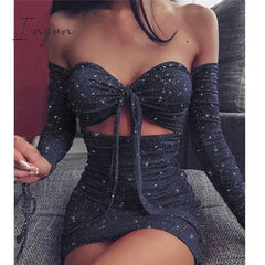 Ingvn - Shiny Party Sexy Dress Women Hollow Out Strapless Tie-Up Fashion Dress Fashion Long Sleeve Pleated Dresses Slim