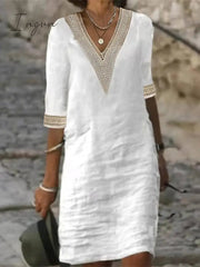 Ingvn - Women's Cotton Linen Dress Casual Dress Shift Dress Midi Dress Cotton And Linen Fashion Modern Outdoor Daily Vacation V Neck Patchwork Half Sleeve Summer Spring 2023 Regular Fit Gray Plain 3XL