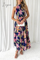 Ingvn- Vintage Elegant Floral Frenulum Halter Printed Dress Dresses