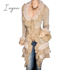 Ingvn - Cardigan Sweater Women's Knitted Single-breasted Lace Bell Sleeve Mid-length Coat