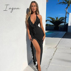 Ingvn - Elegant Backless Ruffles Maxi Dress Women Summer New Halter Sleeveless Pleated Beach Holiday Sexy Club Long Dress