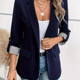 Single-Breasted Label Neck Blazer, Elegant Long Sleeve Blazer For Office & Work, Women's Clothing