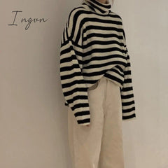 Ingvn - Vintage Striped Loose Turtleneck Knitted Sweater