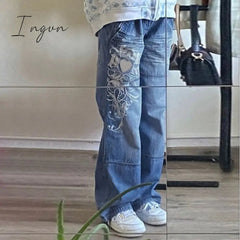 Ingvn - Spring Y2K European and American street simple printing low-waist button jeans women casual loose and thin wide-leg straight-leg pants