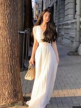 Summer Solid Pleats Long Dresses French Elegant V Neck Holiday Party Vestidos Women High Waist Wedding Robe Ladies Clothes