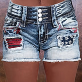 Women's High-stretch Single-breasted American Flag Patchwork Raw Hem Distressed Independence Day Outfit 4th Of July Embroidered Ripped Denim Shorts