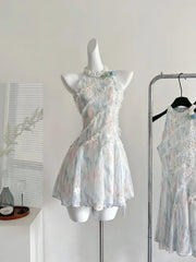 Summer French Elegant Original Design Mini Dress Women Print Lace 3D Floral Halter Party Dress Casual Chic Pretty Clothing
