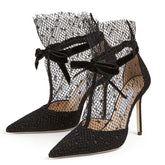 Spring and summer new pointed hollow suede bow mesh sandals thin high-heeled banquet dress versatile sexy women's sandals