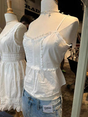 Lace Trim Sweet Slim Crop Top Women Summer Back Lace-up Cotton Sleeveless Camisole Vintage Preppy Style White Tank Tops Y2k New