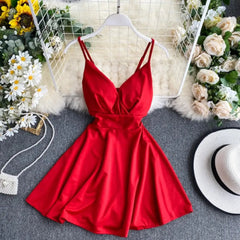 Ingvn - Women A-line Sexy Dress V-Neck Spaghetti Strap Backless Mini Dresses Soild Color Vestidos Slim Trend High Waist For Party