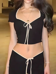Sexy Bow Tie Cropped T-Shirt - Short Sleeve, Slim Fit, Coquette Y2K Style, Women's Clothing for Fashionistas - Perfect for Date Nights, Casual Outings, and Summer Events