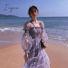 Ingvn - Summer Lace Elegant Midi Dress Women Puff Sleeve Square Collar Boho Beach Floral Dress Female Party One Piece Dress Korean