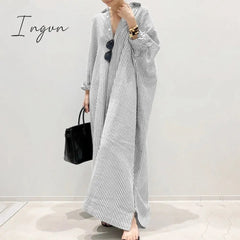 Ingvn - Summer New Dress Fashion Cotton Linen Striped Cardigan Loose Large Casual Temperament Commuter Irregular Women's Long Dress tops