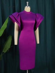 Ingvn - Elegant Women High Neck Dresses 2 Layered Bell Sleeve Back Cut Out Slim Fit Shiny Shimmer Cocktail Gowns Summer Big Size Clothes