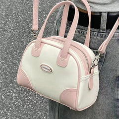 INGVN Sweet Cute Handbags for Women Pu Leather Letter Pink White Boston Crossbody Bag New Vintage Elegant Bowling Shoulder Bag
