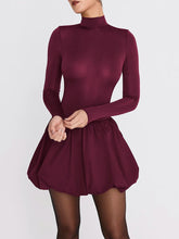 Turtleneck Long Sleeve Sexy Mini Dress For Women Robe Fashion Burgundy Patchwork High Waist A-line Club Pleated Dress