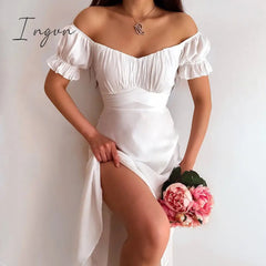 Ingvn - Short Sleeve Bodycon Beach Dresses High Waist A-line Ladies Party Vestidos Elegant Solid V-neck Summer Women Dress