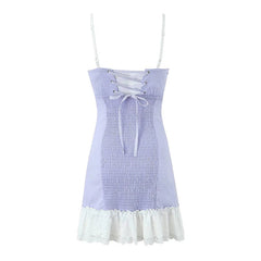 Summer Women White Patchwork Red Plaid Sling Mini Dress Sexy Thin Straps Lace Up Back A-line Party Dresses Holiday Robe