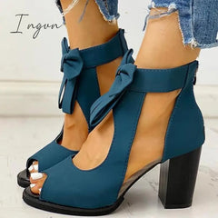 Ingvn - Peep Toe Mesh Insert Bowknot Chunky Heeled Sandals