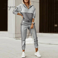 Ingvn - Spring Autumn Women Fashion Print Splicing Tracksuits Two Piece Sets Female Casual Long Sleeve V Neck Top Jogging Pant Suit