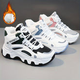 Women's Winter Plush Inner Comfortable High-top Sports Sneakers, Platform Lace-up Fashion Casual Chunky Sneakers For Outdoor