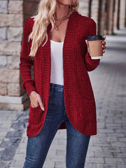 Solid Color Open Front Cardigan, Versatile Long Sleeve Pockets Cardigan For Spring & Fall, Women's Clothing