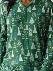 Ingvn - Women's Pajamas Sets Trees Fashion Casual Comfort Christmas Cotton Breathable V Wire Long Sleeve Shirt Pant Button Fall Winter Pink Green