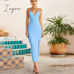 Ingvn - New Summer Women White Bodycon Bandage Dress Sexy V Neck Spaghetti Strap Club Celebrity Evening Runway Party Maxi Dresses